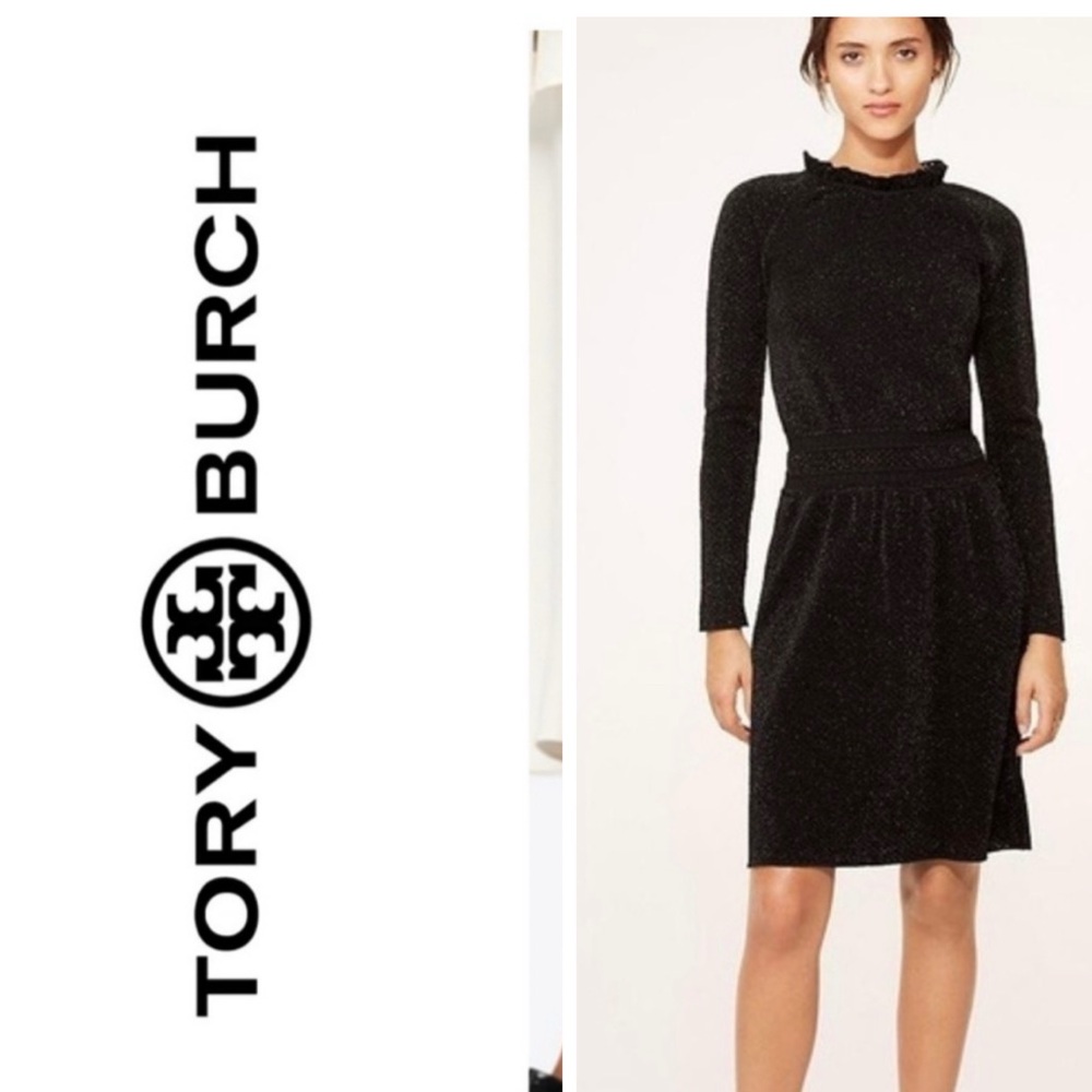TORY BURCH Isabelle Long Sleeve Metallic Fit & Flare Dress Black Size Small